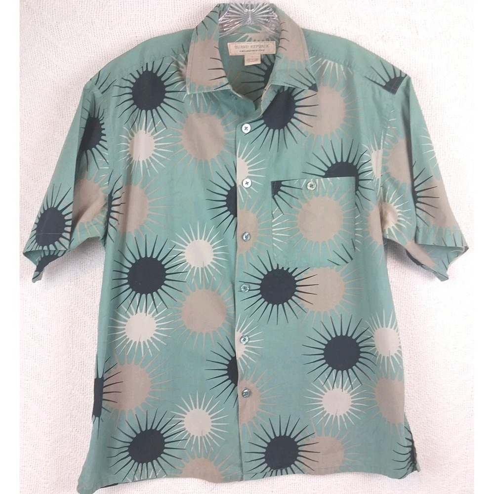 Vtg Island Republic Shirt L Teal Retro Sunburst Atomic Abstract 100% Cotton